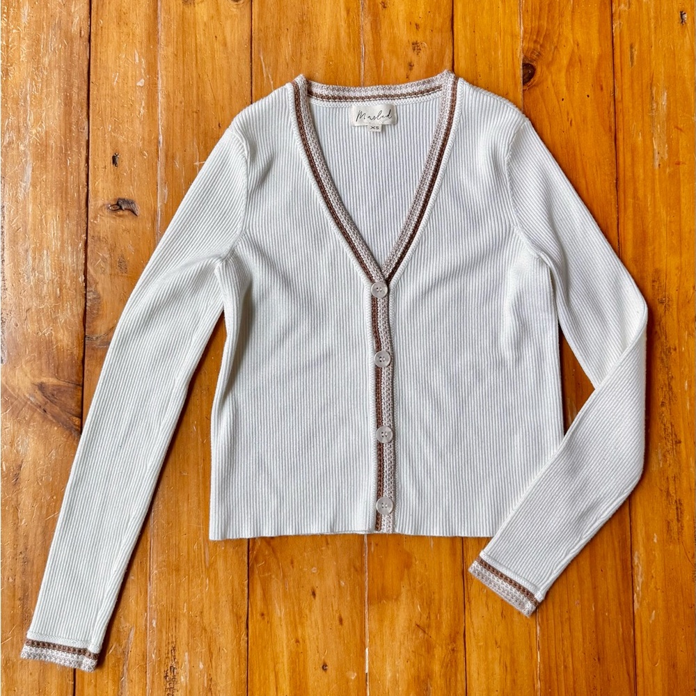 Marled Cream Ribbed V-Neck Cardigan with Tan Woven Trim Size XS